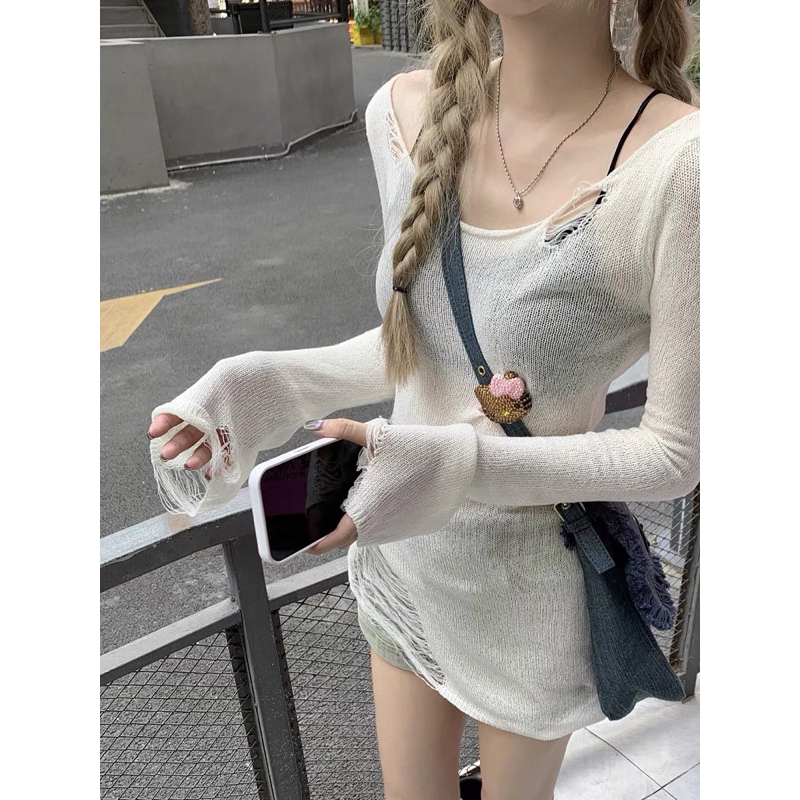 Áo Len Mỏng Tay Dài Xé Tà Phong Cách Oversize, Áo Len Rách Trễ Vai