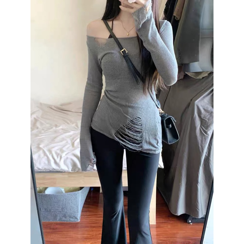 Áo Len Mỏng Tay Dài Xé Tà Phong Cách Oversize, Áo Len Rách Trễ Vai