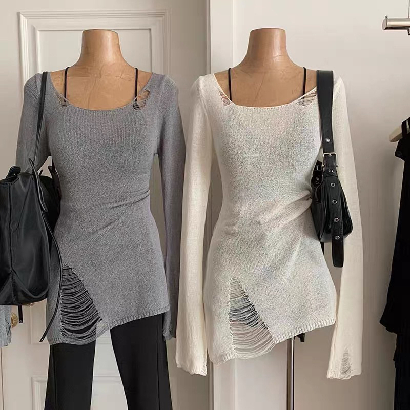 Áo Len Mỏng Tay Dài Xé Tà Phong Cách Oversize, Áo Len Rách Trễ Vai