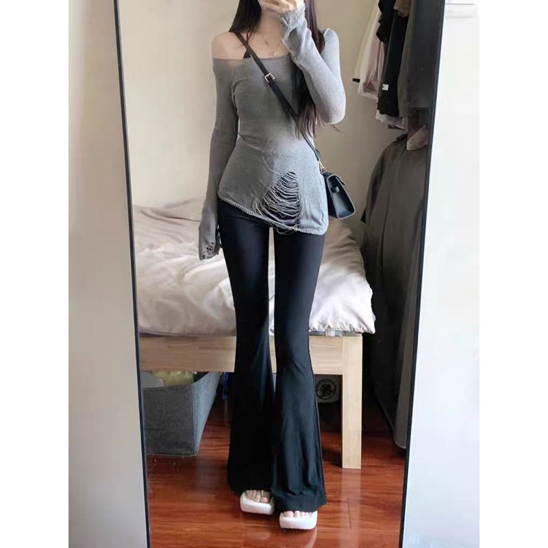 Áo Len Mỏng Tay Dài Xé Tà Phong Cách Oversize, Áo Len Rách Trễ Vai