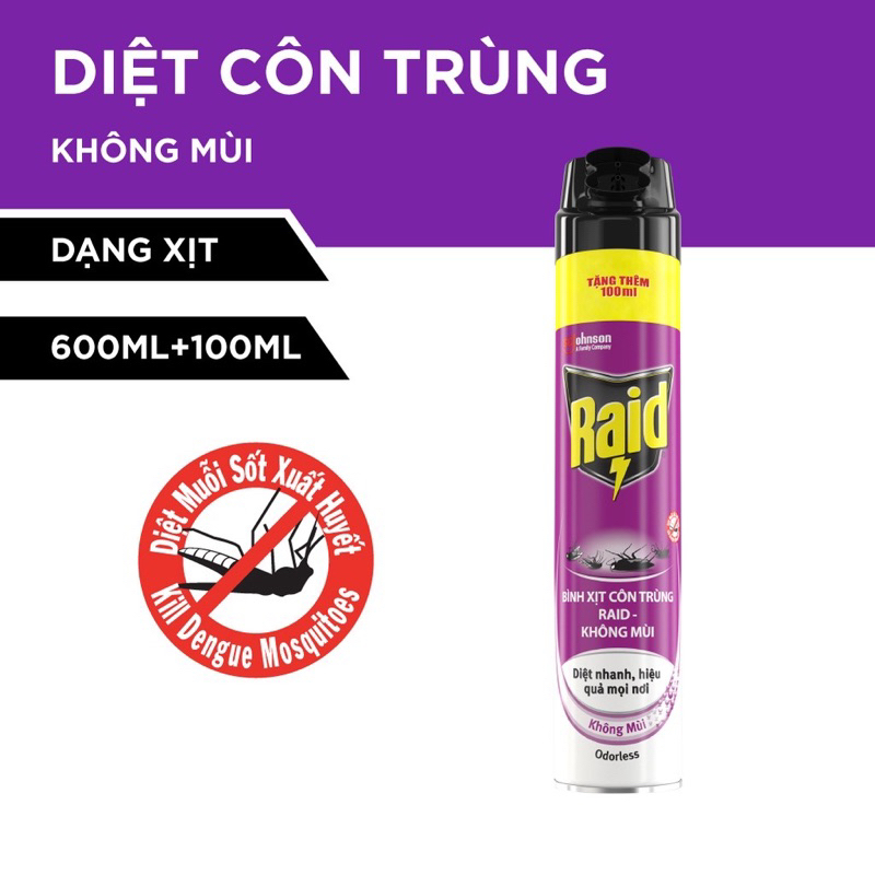 Xịt côn trùng Raid 600+100ml khuyến mãi thêm