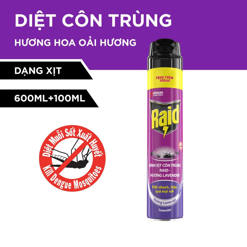 Xịt côn trùng Raid 600+100ml khuyến mãi thêm