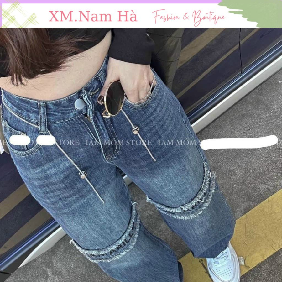 Quần bò ống rộng nữ dáng thụng phối rách tua, quần jean nữ đẹp hothit
