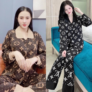 Bộ ngủ pijama tay dài quần dài nam nữ hoạ tiết LV có big size