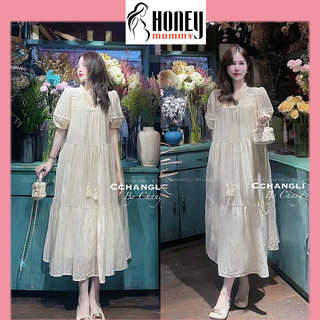 Đầm Bầu Váy Bầu Voan Dáng Dài Tiểu Thư Phong Cách Vintage Phối Ren Đi Chơi Dự Tiệc Xinh Xắn HD2514 Honey Mommy