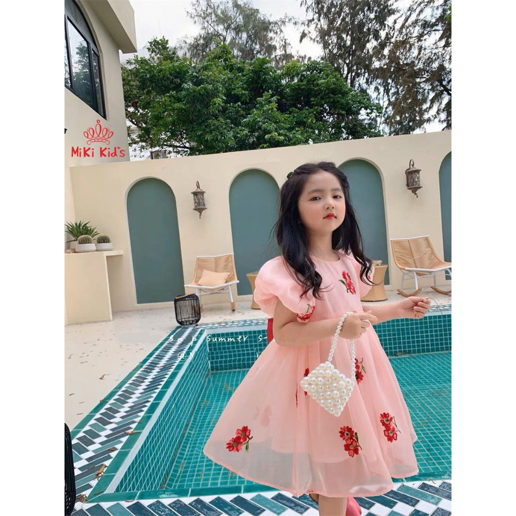 Váy đầm công chúa cho bé gái chất tơ organza sang sáng mịn, Đầm tơ Organza thiết kế thêu hoa cao cấp