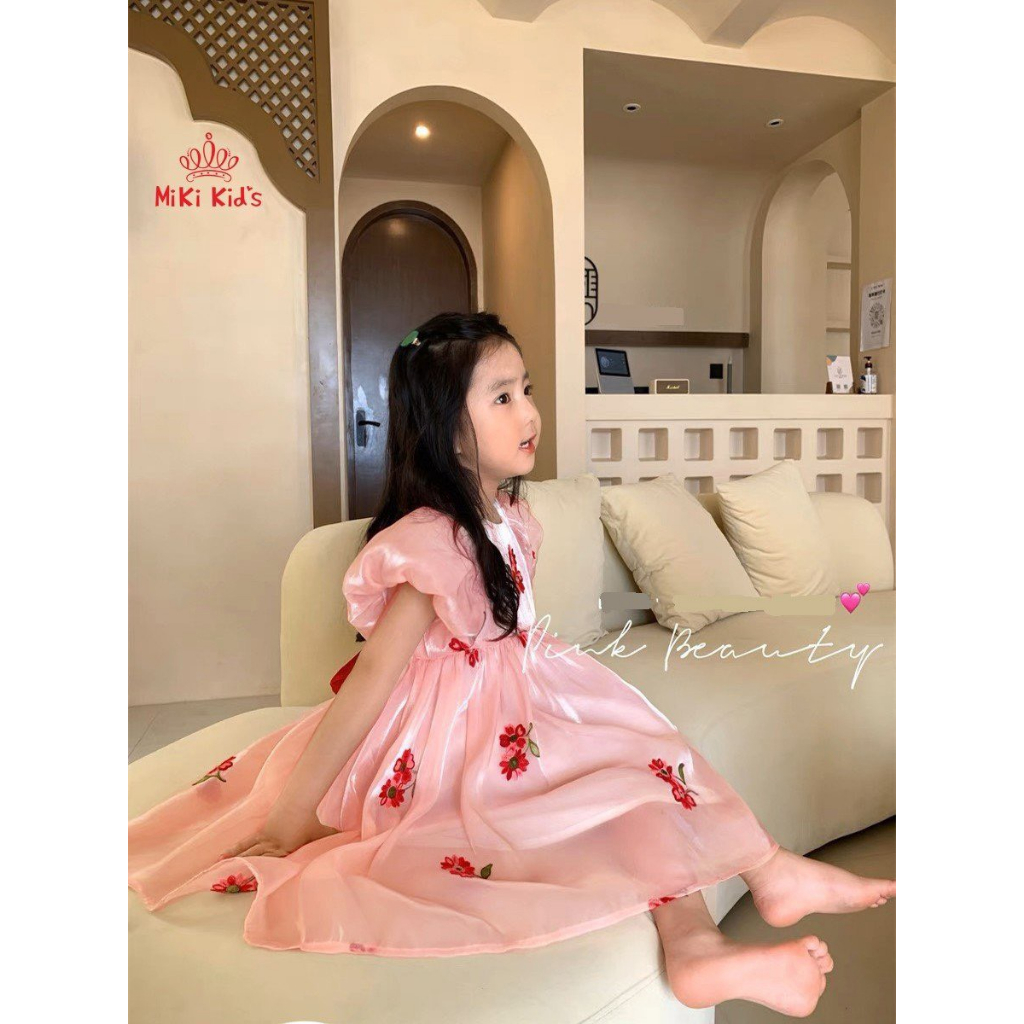 Váy đầm công chúa cho bé gái chất tơ organza sang sáng mịn, Đầm tơ Organza thiết kế thêu hoa cao cấp