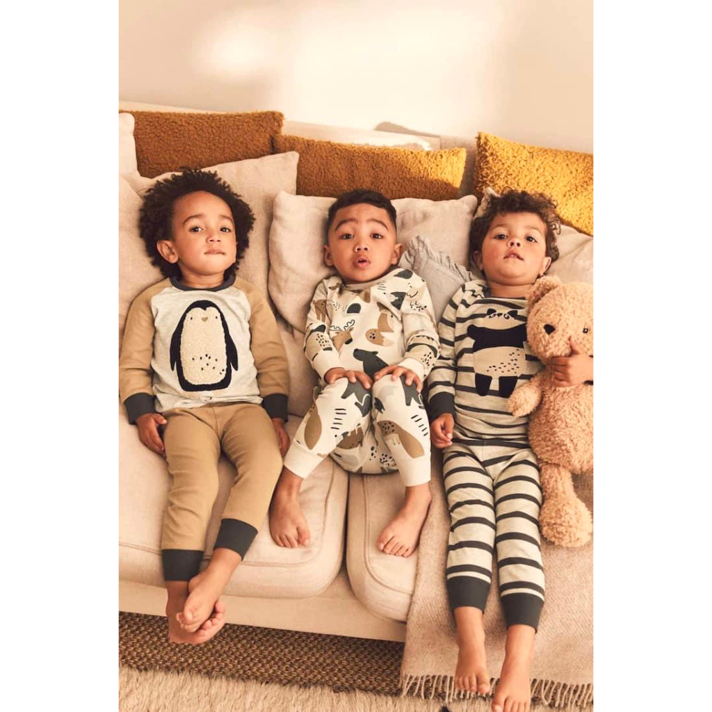 Set 2 bộ thu đông dài tay cho bé hoạ tiết kẻ nâu gấu chim cánh cụt dêx thương chất cotton co giãn 4c thoải mái vận đông