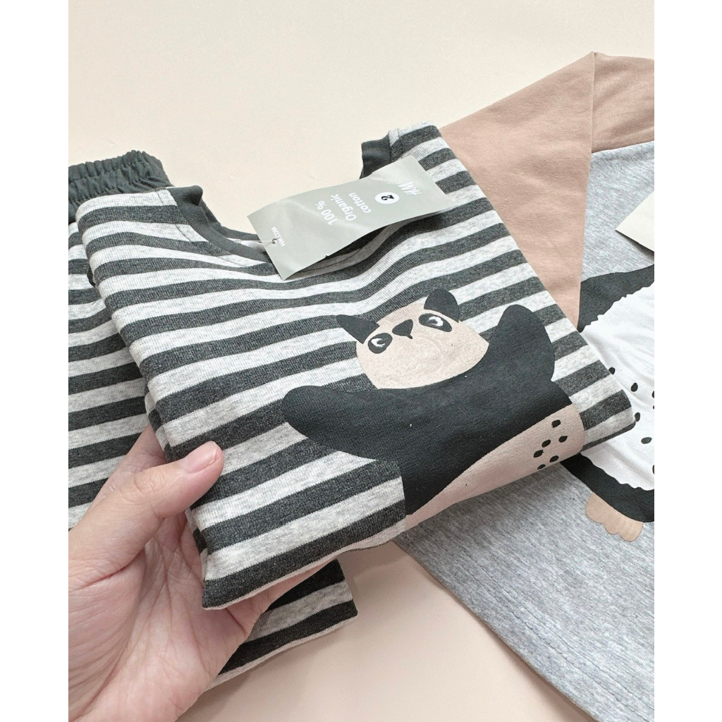 Set 2 bộ thu đông dài tay cho bé hoạ tiết kẻ nâu gấu chim cánh cụt dêx thương chất cotton co giãn 4c thoải mái vận đông