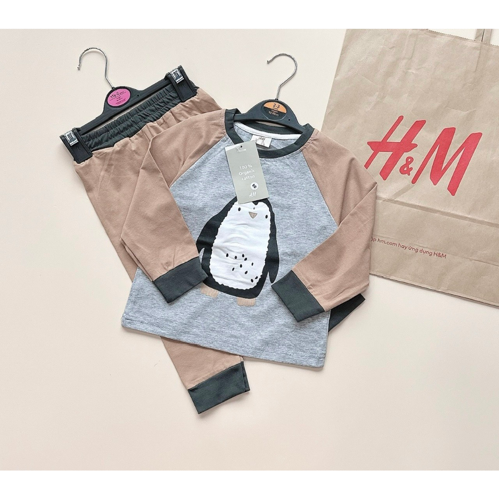 Set 2 bộ thu đông dài tay cho bé hoạ tiết kẻ nâu gấu chim cánh cụt dêx thương chất cotton co giãn 4c thoải mái vận đông