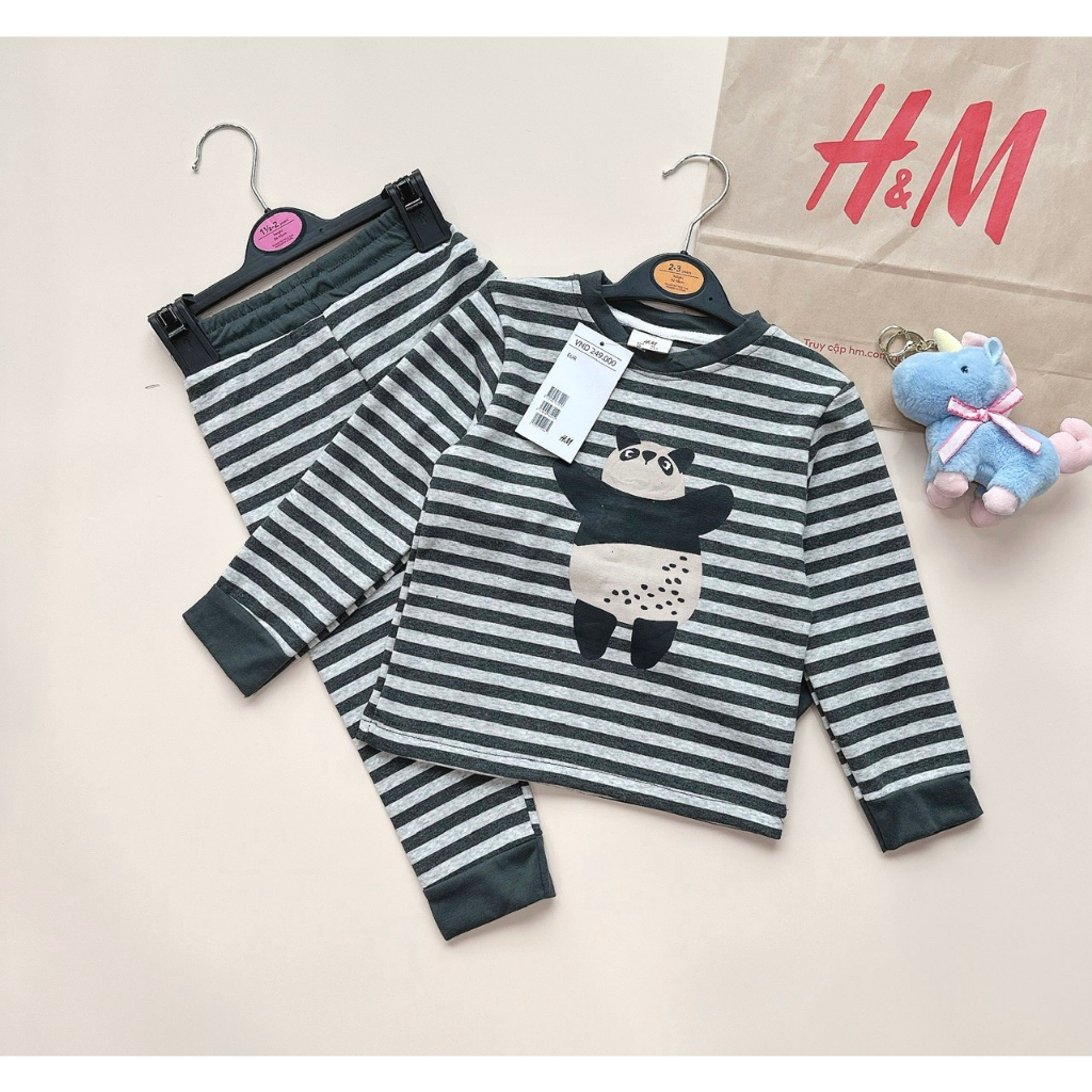 Set 2 bộ thu đông dài tay cho bé hoạ tiết kẻ nâu gấu chim cánh cụt dêx thương chất cotton co giãn 4c thoải mái vận đông