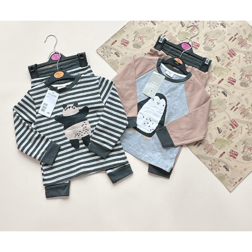 Set 2 bộ thu đông dài tay cho bé hoạ tiết kẻ nâu gấu chim cánh cụt dêx thương chất cotton co giãn 4c thoải mái vận đông