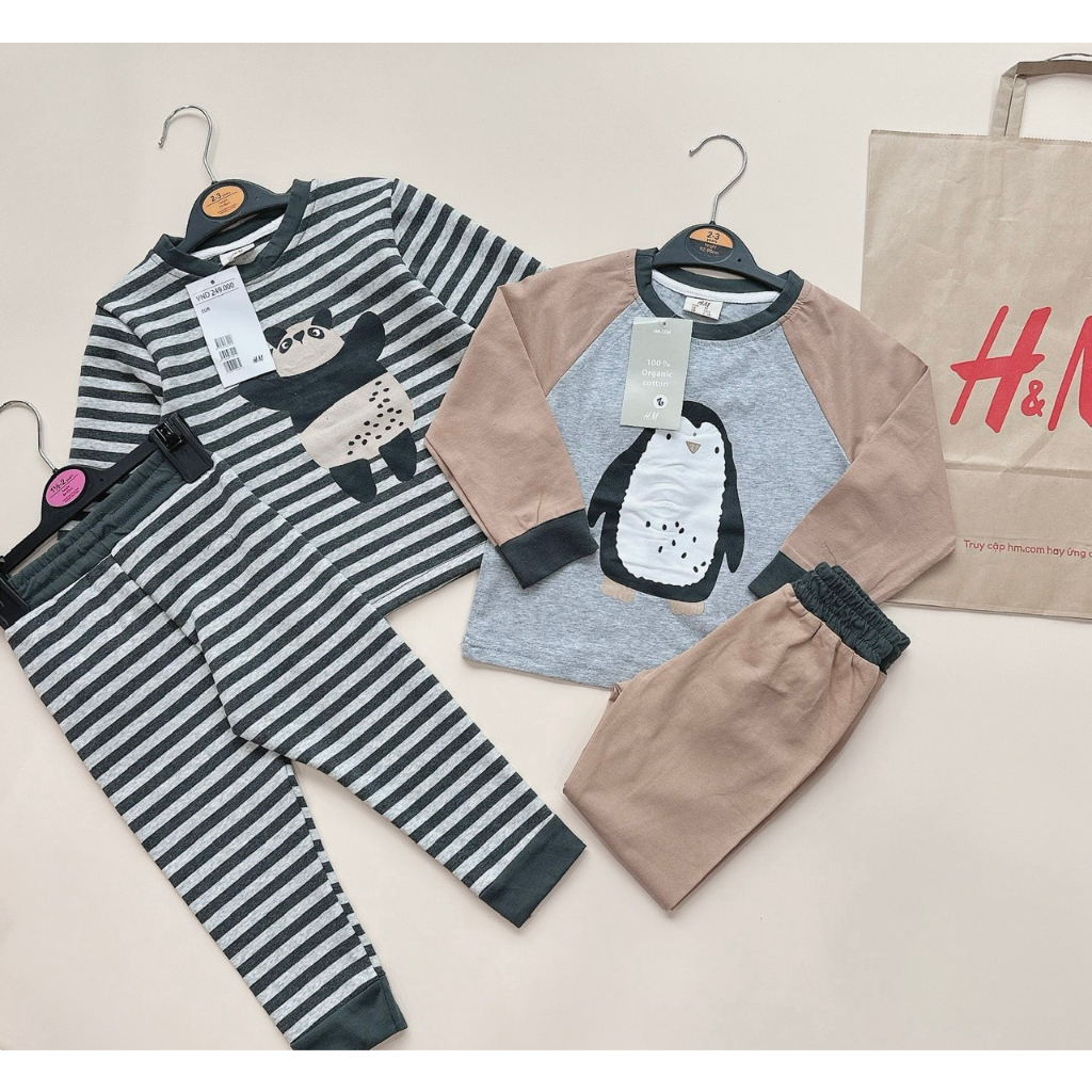 Set 2 bộ thu đông dài tay cho bé hoạ tiết kẻ nâu gấu chim cánh cụt dêx thương chất cotton co giãn 4c thoải mái vận đông