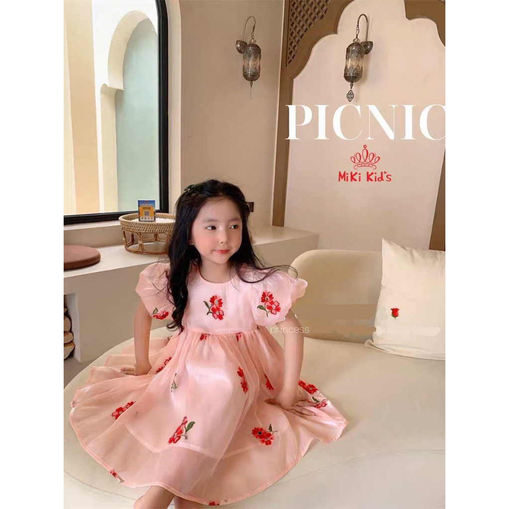 Váy đầm công chúa cho bé gái chất tơ organza sang sáng mịn, Đầm tơ Organza thiết kế thêu hoa cao cấp dễ thương