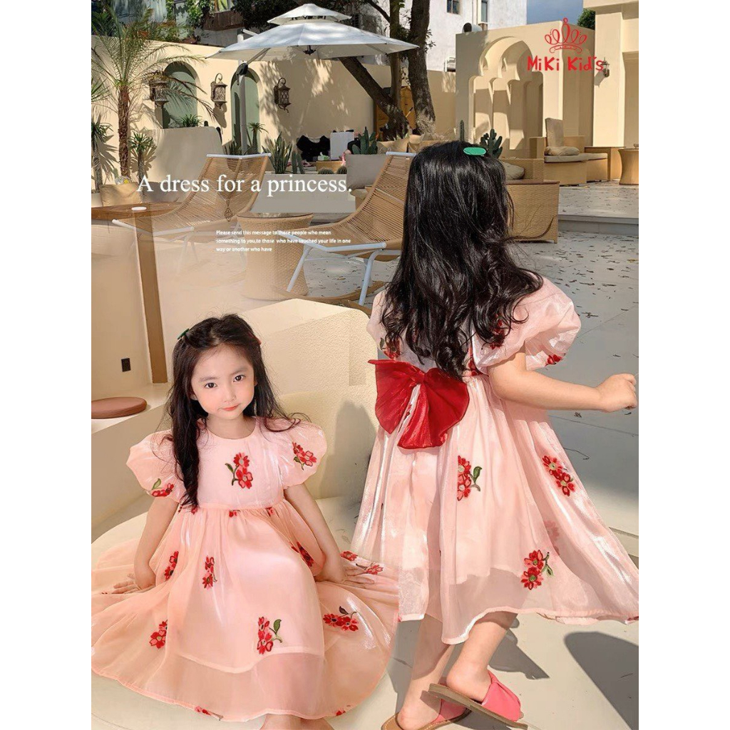 Váy đầm công chúa cho bé gái chất tơ organza sang sáng mịn, Đầm tơ Organza thiết kế thêu hoa cao cấp dễ thương