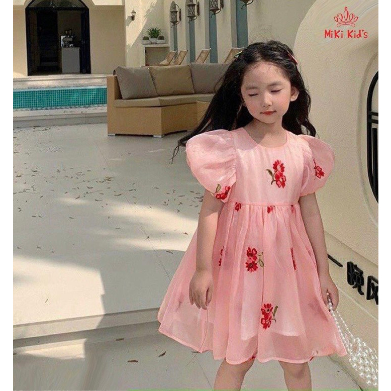 Váy đầm công chúa cho bé gái chất tơ organza sang sáng mịn, Đầm tơ Organza thiết kế thêu hoa cao cấp dễ thương