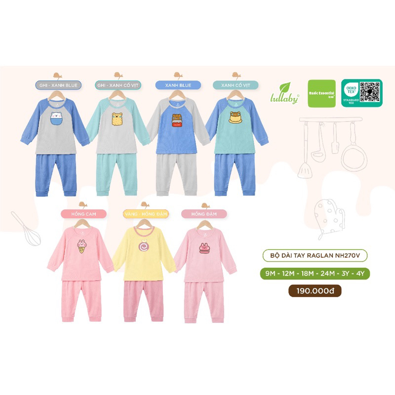 Bộ dài tay raglan bé trai/ gái cotton bamboo Lullaby NH270V (9m-4y) 2023