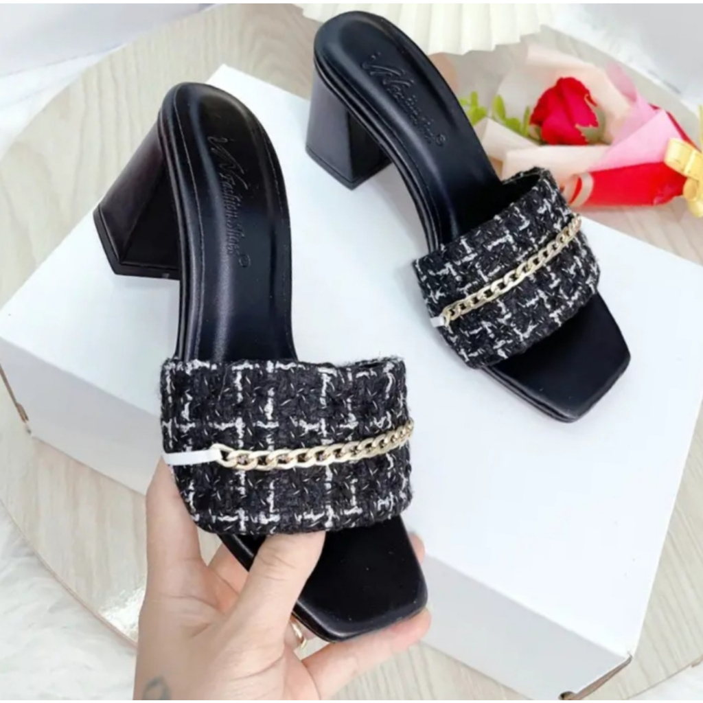 Dép cao gót nữ,bản quai ngang to chất liệu vải dạ,gót trụ cao 7cm siêu hót