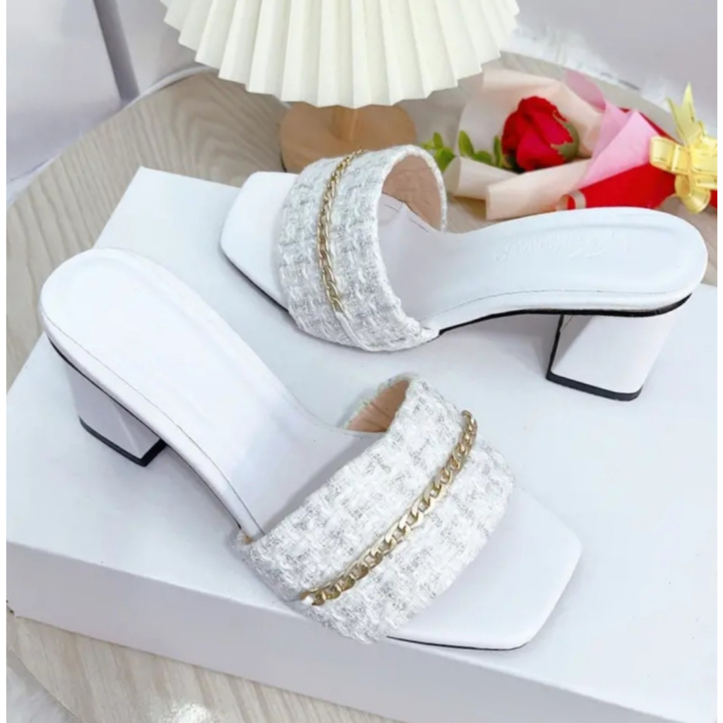 Dép cao gót nữ,bản quai ngang to chất liệu vải dạ,gót trụ cao 7cm siêu hót