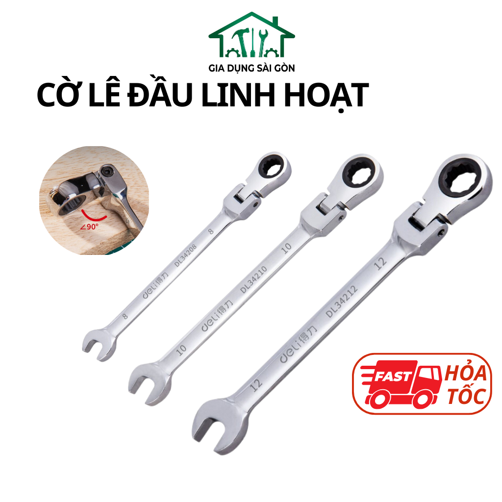 Cờ Lê Kết Hợp Bánh Cóc Đầu Linh Hoạt Deli Cao Cấp - Thép Cứng Mạ Crom Bền Chắc - Đầu Xoay 180 độ