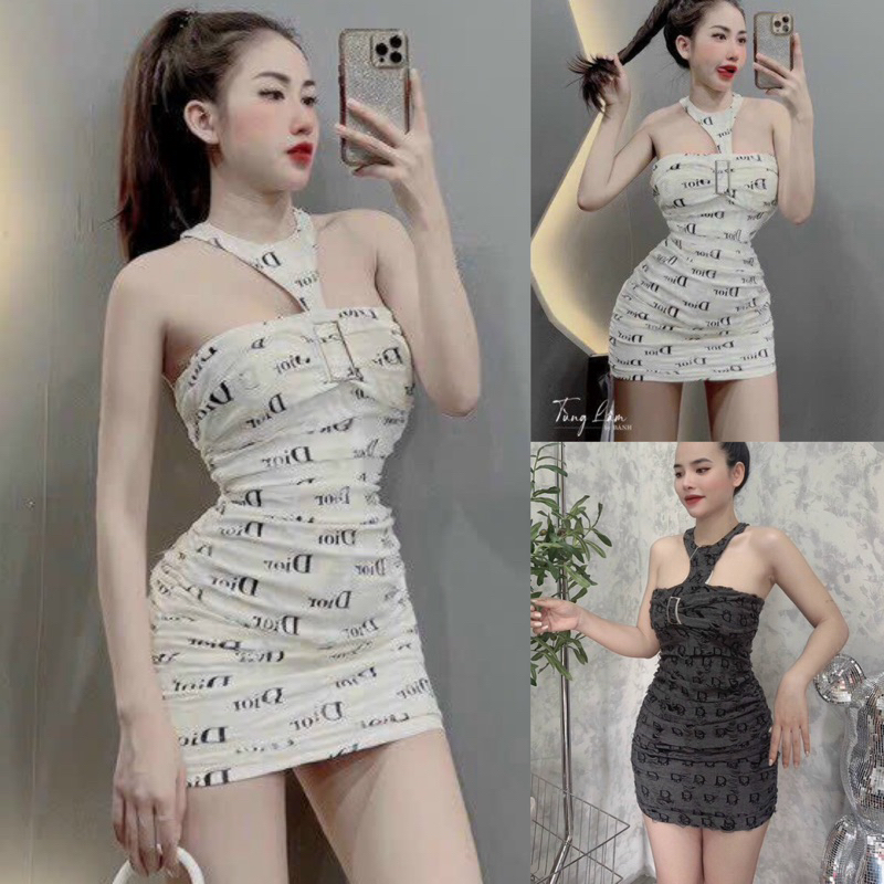 Đầm Body Yếm Sát Nách Phối Khoen Vuông Dáng Ngắn Nhún