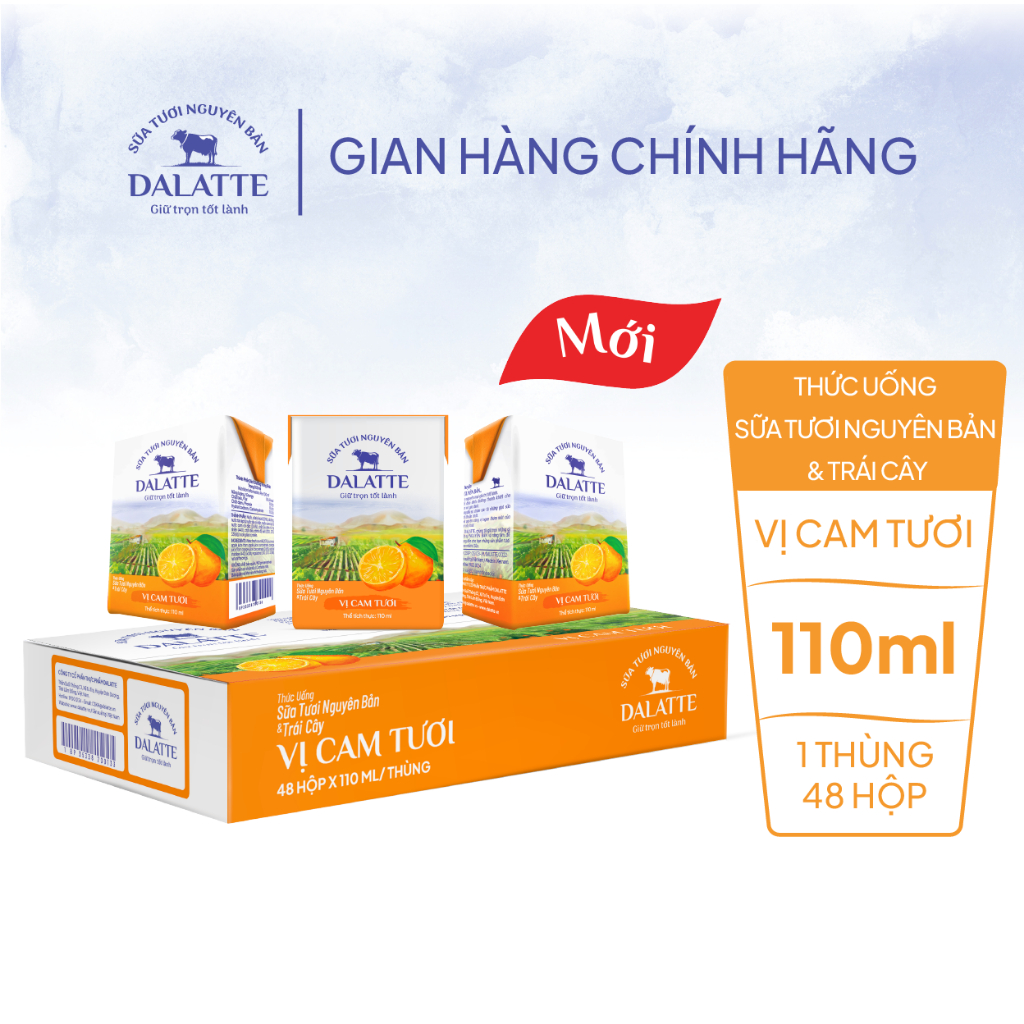 Thùng 48 hộp DALATTE 110ml Thức uống SỮA TƯƠI NGUYÊN BẢN & TRÁI CÂY - Vị cam tươi