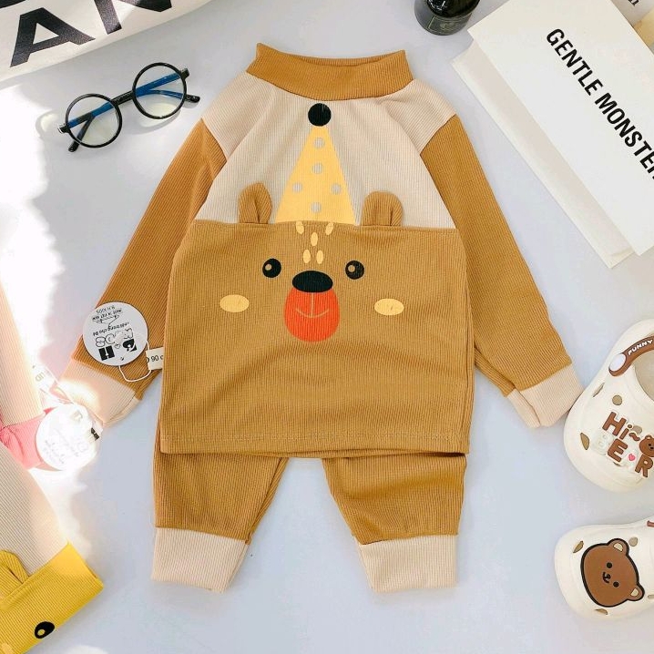 Bộ quần áo thu đông dài tay, chất thun tăm, in hình ngộ nghĩnh có tai, cho bé trai, bé gái – BD04