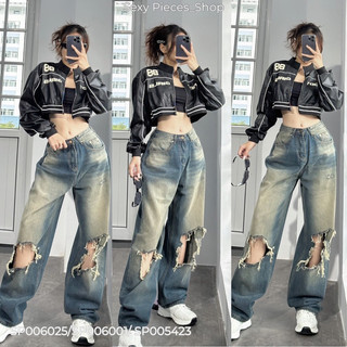 Jean xanh wash bạc rách- Áo khoác da moody girl
