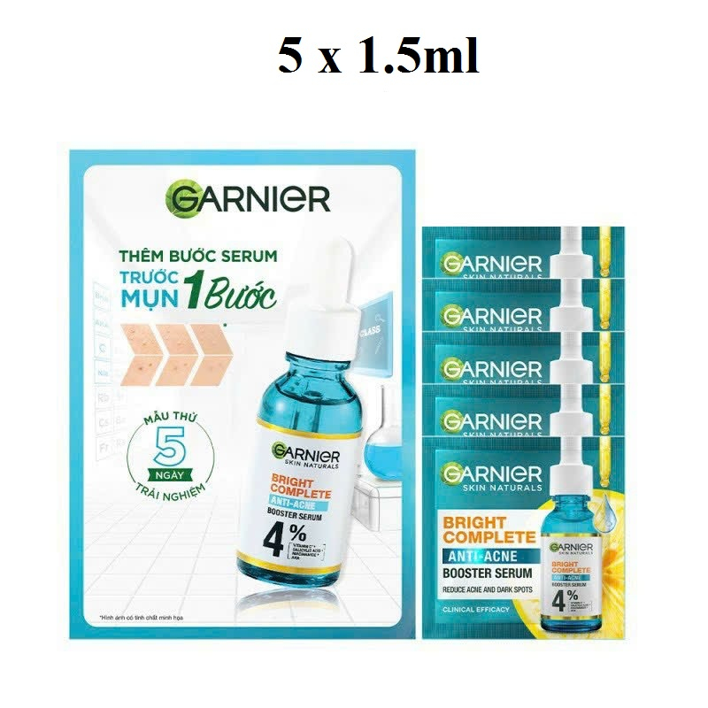5 Gói Tinh Chất Garnier Giảm Mụn Sáng Da Skin Naturals Bright Complete Anti-Acne Booster Serum 1.5ml