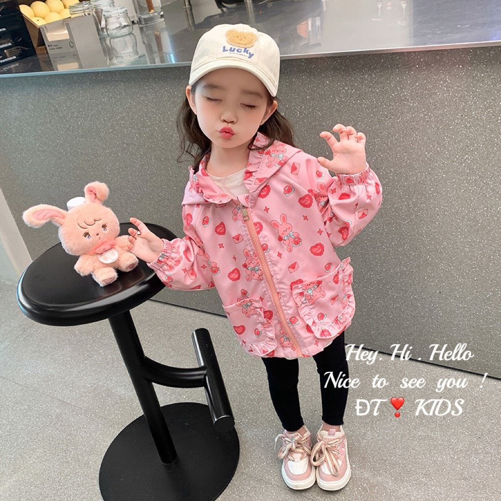 Áo khoác gió cho bé gái size 10-30kg hoạ tiết thỏ dâu dễ thương, áo khoác thu đông cho bé