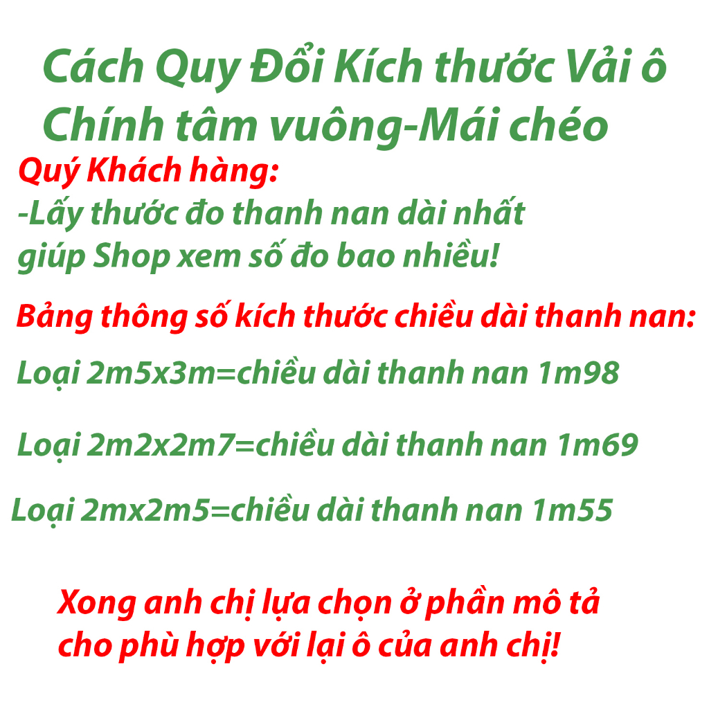 Vải  2mx2m5 2m2x2m7 và 2m5x3m  Của Ô Mái Chéo-Chính Tâm Vuông Đầy Đủ Kích Thước Màu Sắc