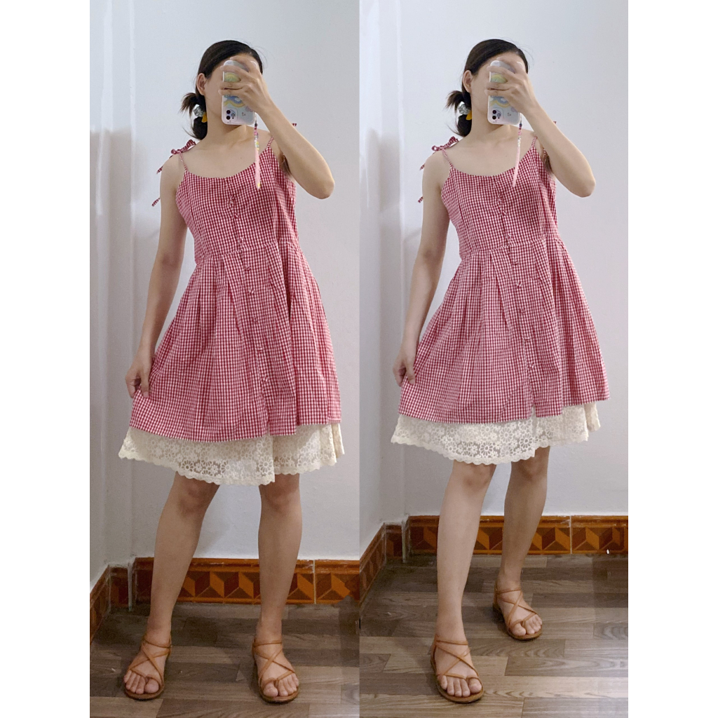 Đầm váy babydoll 2 dây kẻ caro secondhand