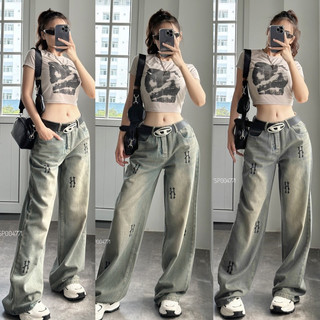 Quần jean suông chữ đen - sp005965/áo croptop nude chữ đen -sp005968