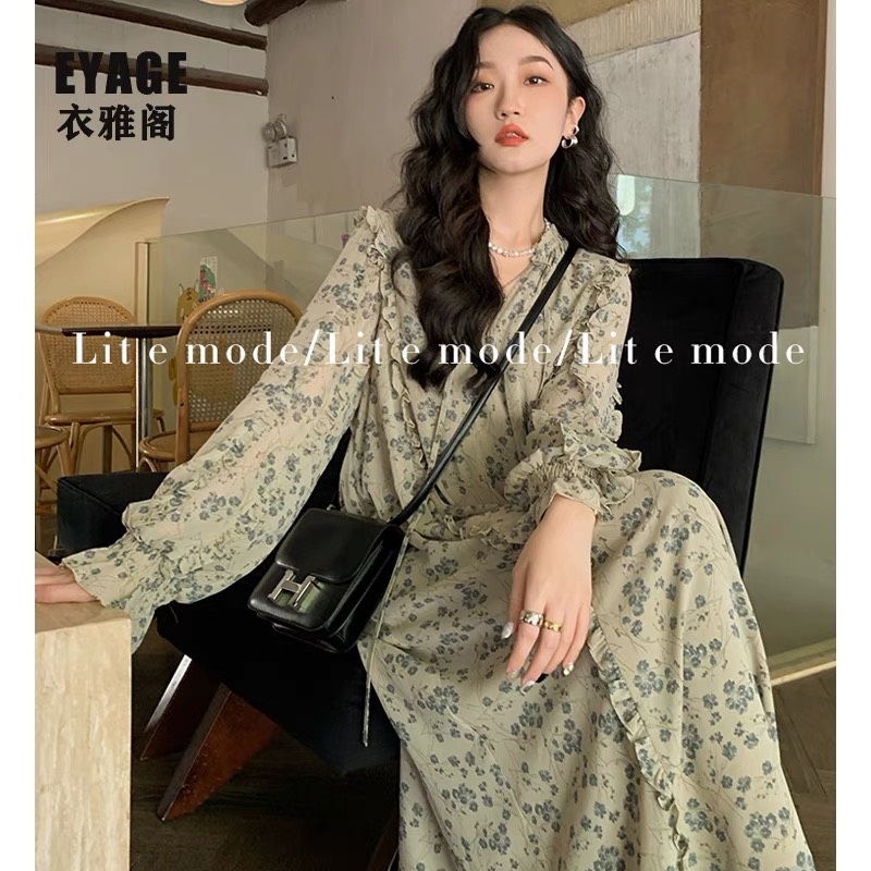 Váy voan hoa dài tay babydoll xòe dài rộng phối bèo điệu đà sang trọng tiểu thư Hàn Quốc vintage