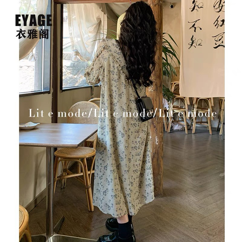 Váy voan hoa dài tay babydoll xòe dài rộng phối bèo điệu đà sang trọng tiểu thư Hàn Quốc vintage