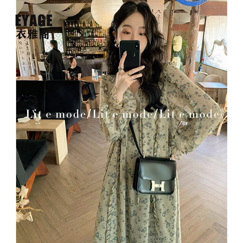 Váy voan hoa dài tay babydoll xòe dài rộng phối bèo điệu đà sang trọng tiểu thư Hàn Quốc vintage