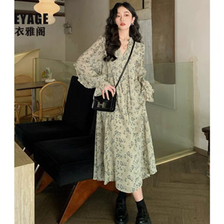 (HÀNG SẴN) Váy voan hoa dài tay babydoll xòe dài rộng phối bèo điệu đà sang trọng tiểu thư Hàn Quốc vintage