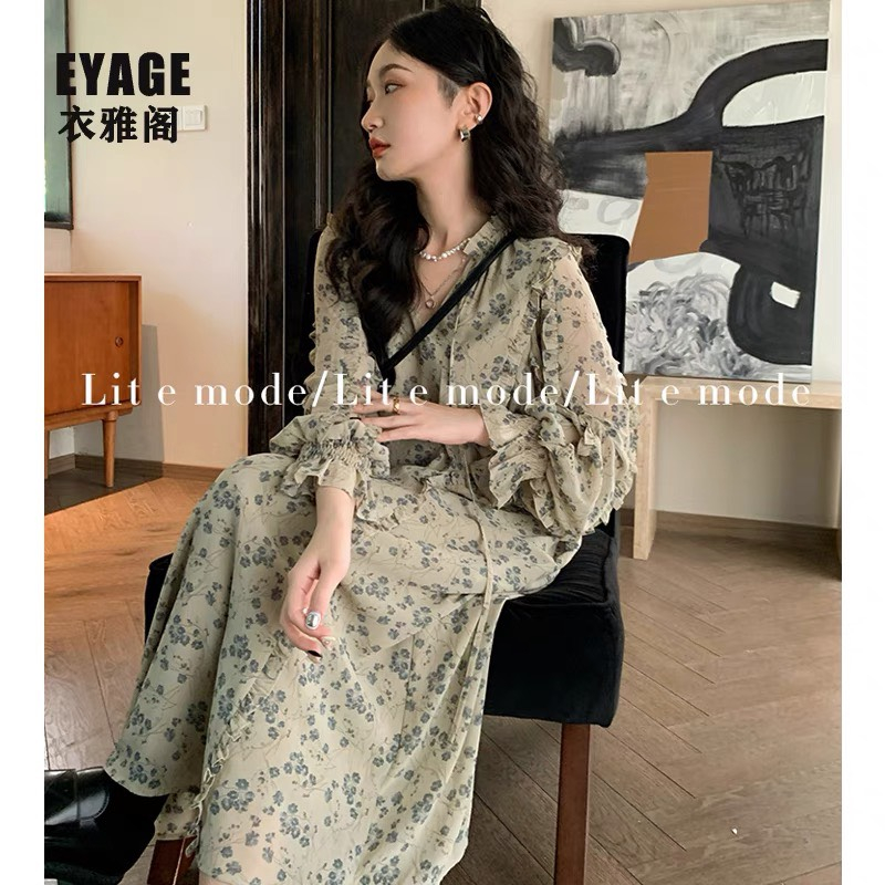 Váy voan hoa dài tay babydoll xòe dài rộng phối bèo điệu đà sang trọng tiểu thư Hàn Quốc vintage