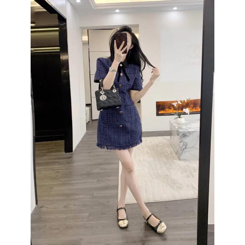 🔥M38 - Váy Dạ Tweed Xanh Váy Thiết Kế 2 Lớp Có Lót Lụa, Form Dáng Trẻ Trung by Belly Clothing