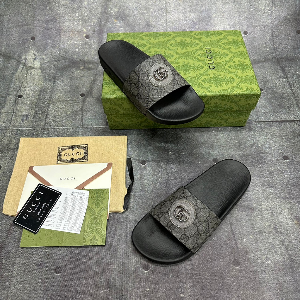 Dép Lê Gucci dép da nam quai ngang xám xi măng khuy GG fullboxx hộp cực đẹp