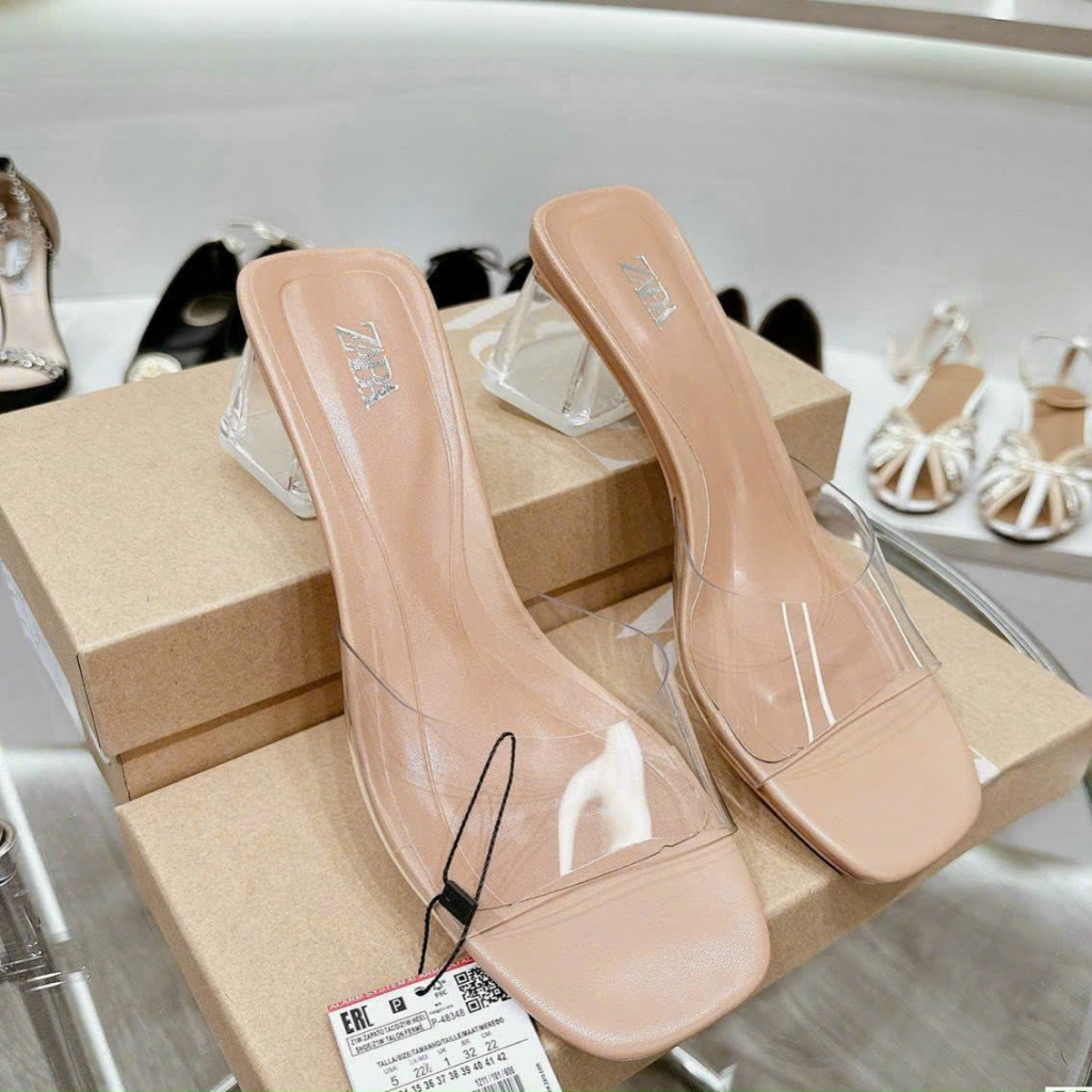 Guốc Zara Quai Trong, Gót Mica Trong, Cao 7p 9p Da Mềm Êm Hàng TQXK Fullbox