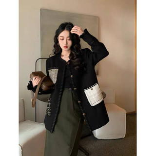 Áo dạ tweed áo khoác dạ nữ form rộng dáng dài màu đen áo vest nữ dài tay cổ tròn vải tweed áo khoác thu đông ad151