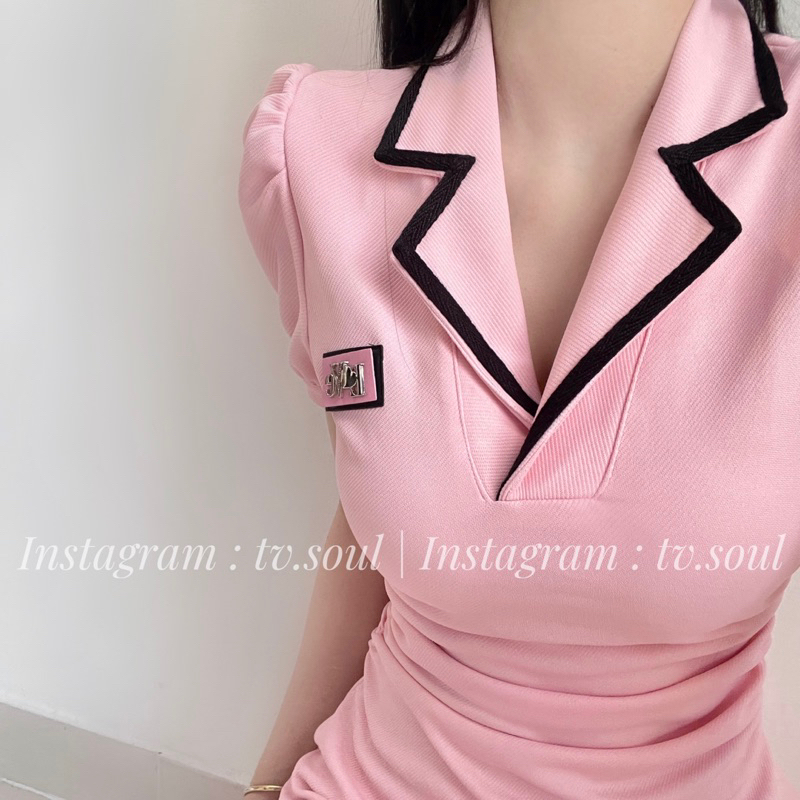 Đầm hồng - đen tay phồng