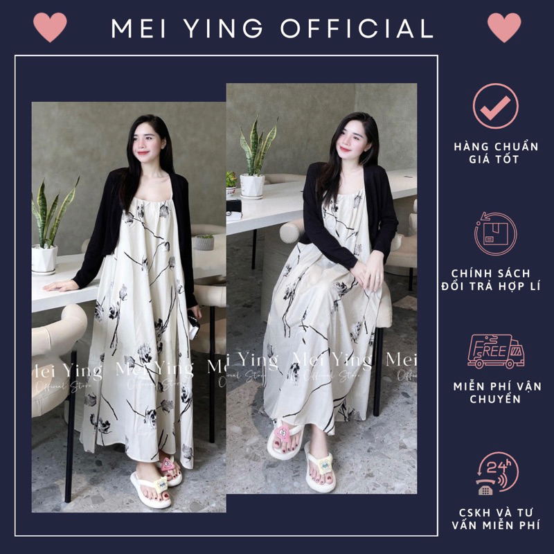 Set Váy 2 Dây Kèm Áo Khoác Len MEI YING OFFICIAL (Ảnh Thật). Đầm Maxi Hoa Kèm Áo Khoác Cardigan Mỏng