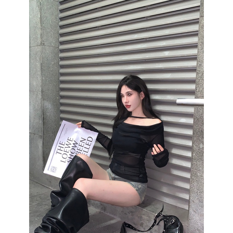 Áo tay dài trễ vai chất thun có dây cổ phong cách sexy hot trend A88