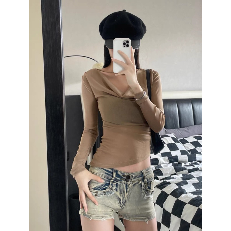 Áo tay dài trễ vai chất thun có dây cổ phong cách sexy hot trend A88