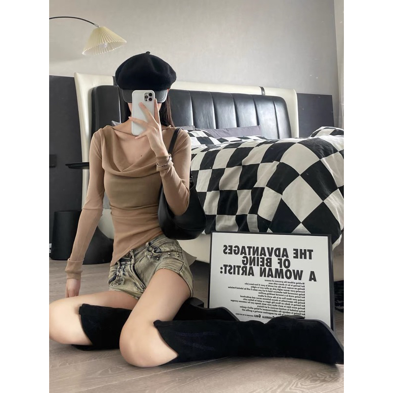 Áo tay dài trễ vai chất thun có dây cổ phong cách sexy hot trend A88