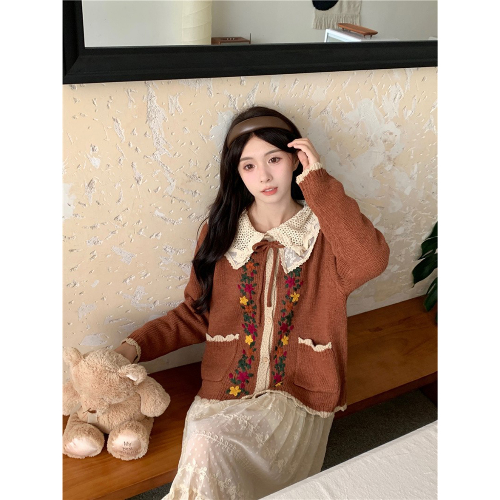 Áo khoác gile len nữ nâu thêu hoa nhí vintage, gile len nữ phối váy ren cổ búp bê phong cách hàn quốc 57128