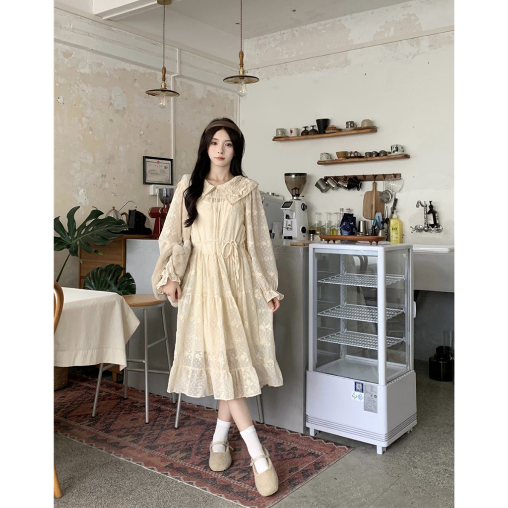 Áo khoác gile len nữ nâu thêu hoa nhí vintage, gile len nữ phối váy ren cổ búp bê phong cách hàn quốc 57128