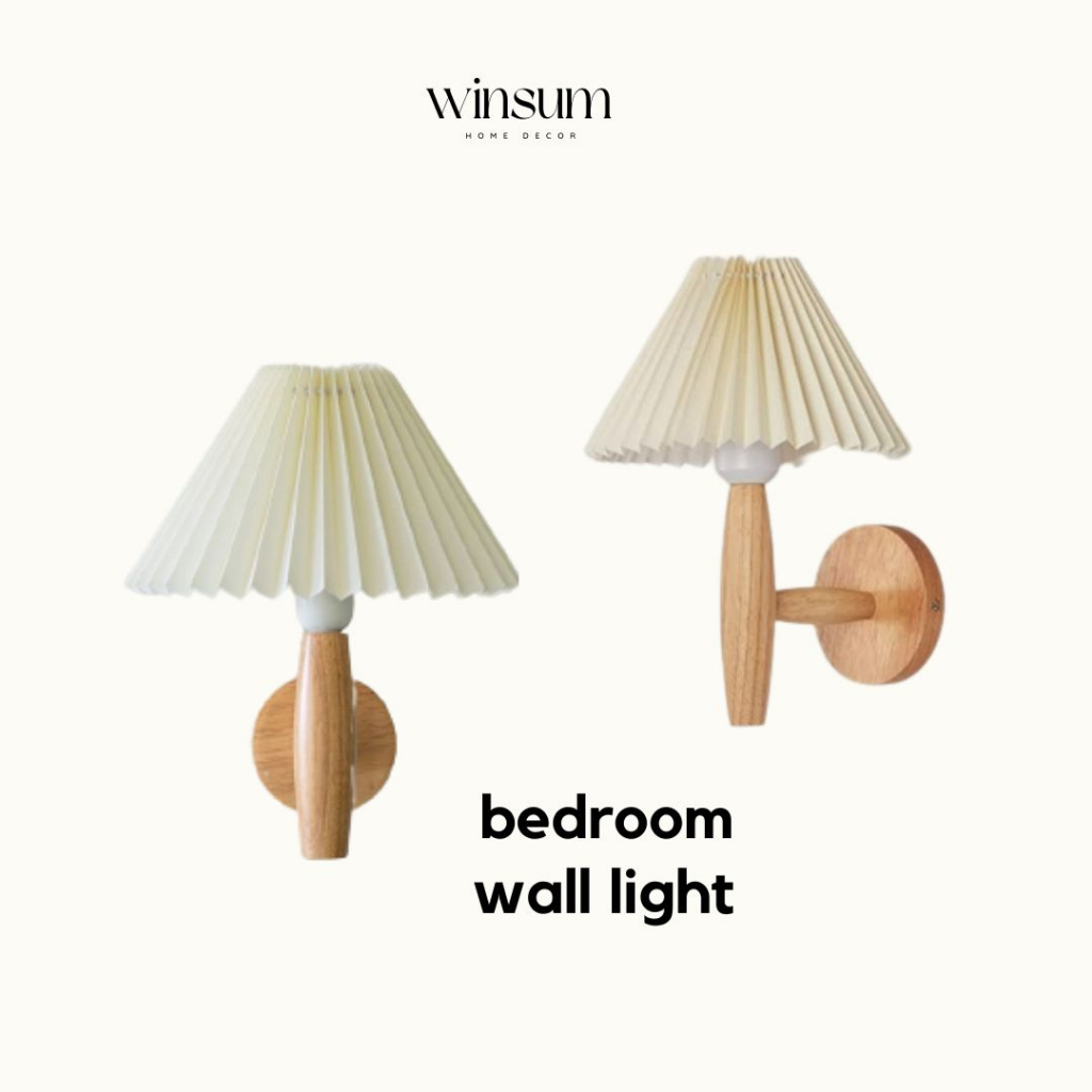 Đèn tường phong cách vintage, chụp đèn vải xếp li, thân gỗ sồi - winsum.decor